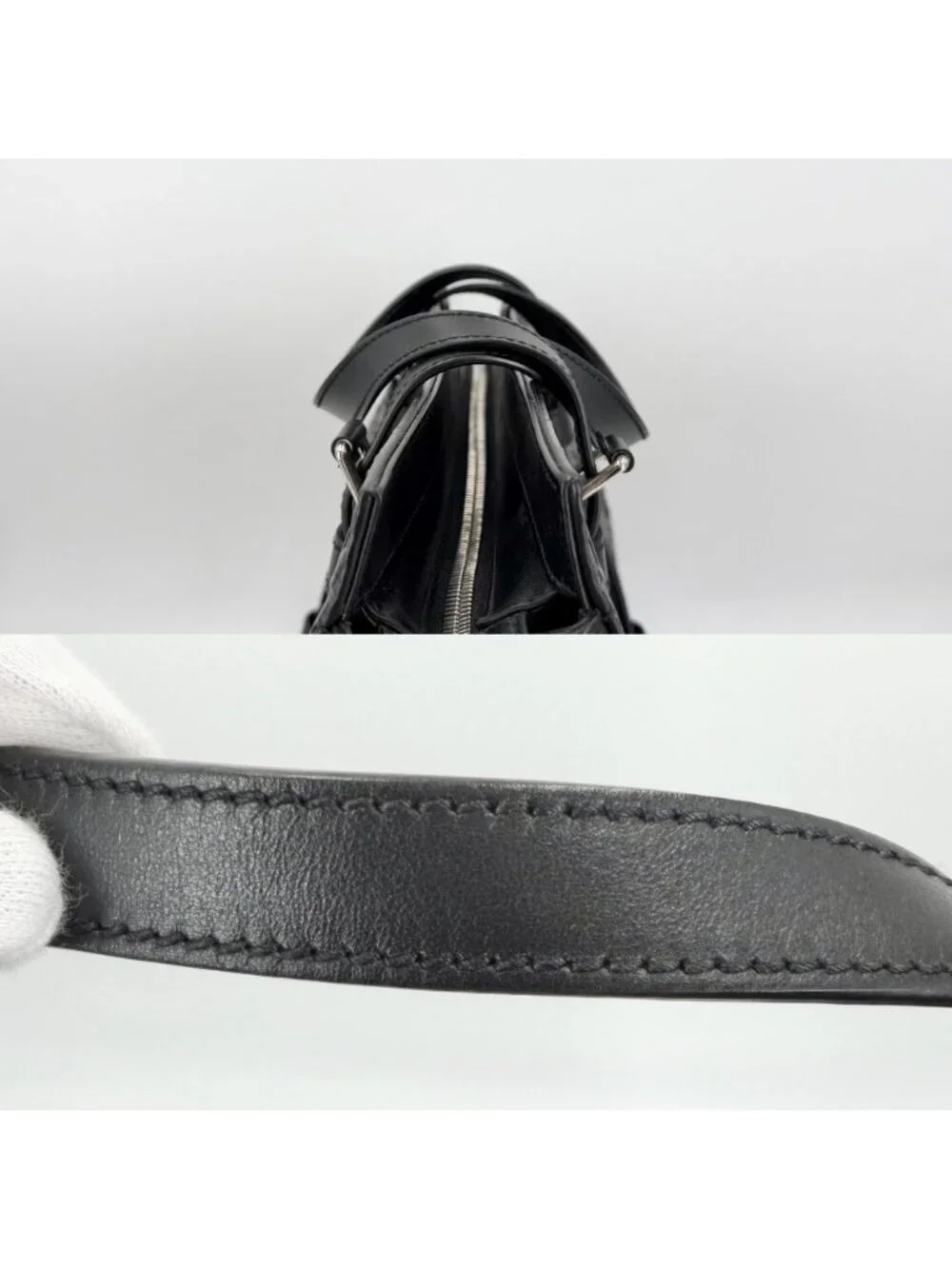 Gucci Tote GG Embossed Handbag Shoulder Leather Black Silver